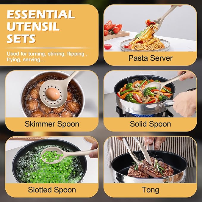 Homikit 15-Piece Kitchen Cooking Utensils Set with Holder, Heat Resistant Food Grade Silicone Kitchen Utensils include Slotted Spatula Ladle Turner for Nonstick Cookware, Dishwasher Safe- Khaki