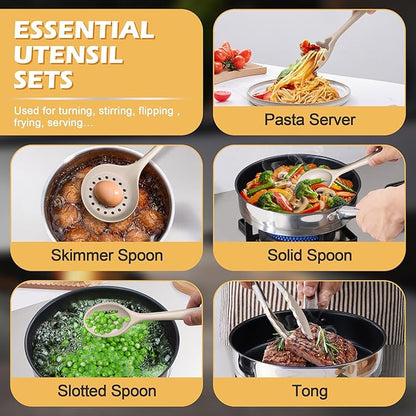 Homikit 15-Piece Kitchen Cooking Utensils Set with Holder, Heat Resistant Food Grade Silicone Kitchen Utensils include Slotted Spatula Ladle Turner for Nonstick Cookware, Dishwasher Safe- Khaki