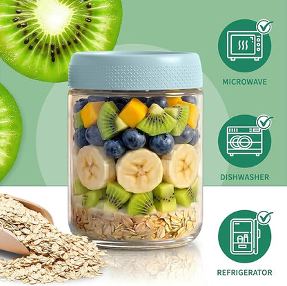 16 oz Mason Jars, 6 Pack Overnight Oats Containers with Lids for Yogurt, Parfait Cup With Lids for Breakfast, Clear Glass Jars Round for Storage, Sugar, Prep Meal, Food, Pudding, Home, Blue