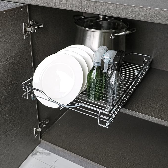 SITE Pull Out Cabinet Organizer 14" W x 21" D Heavy Duty Under Kitchen Cabinet Sliding Shelf,Requires At Least 15” Cabinet Opening, Chrome Finish