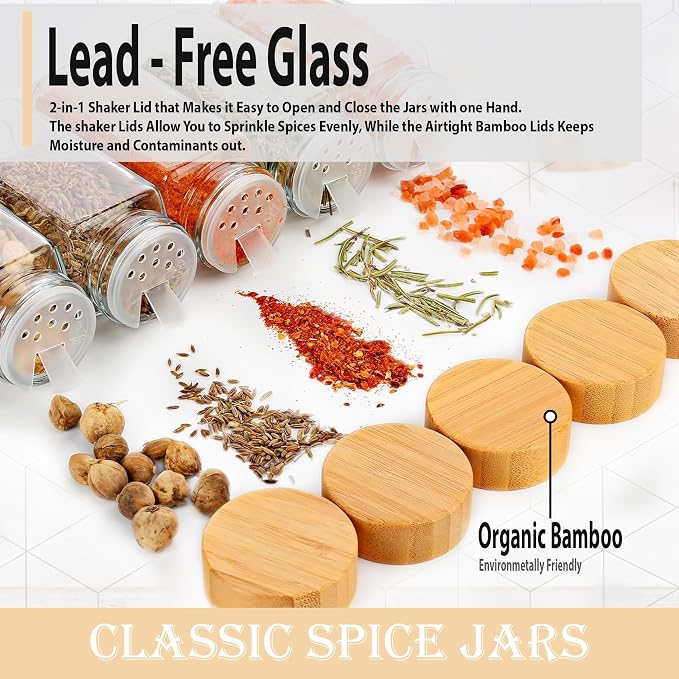 Glass Spice Jars with Bamboo Airtight Lids - (6 Pack) - 4 oz Square Spice Bottles with Shaker Lids - Clear Empty Shaker Seasoning Jars with Preprinted Spice Jars Labels and Collapsible Funnel Included