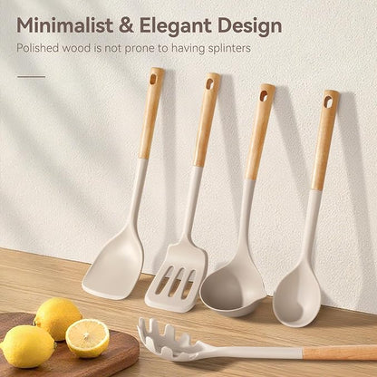 NCUE Kitchen Utensils Set, Large Non-stick Silicone Cooking Utensils Set 6 Pcs, Wooden Handle Heat Resistance Silicone Spatula Soup Ladle Pasta Server Kitchen Gadgets Utensils Set BPA Free (Khaki)