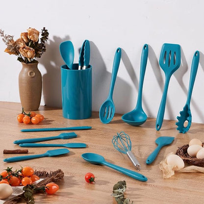 LIANYU 14 Pcs Cooking Utensils Set with Holder, Heat Resistant Silicone Kitchen Cookware Utensils Set, Kitchen Cooking Tools Includes Spatula Spoon Turner Whisk Tong, Dishwasher safe, Dark Blue