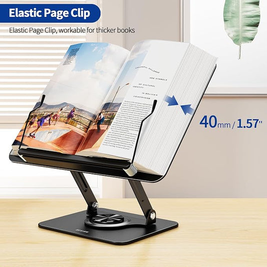 BESIGN BS02 Book Stand for Reading, Adjustable Book Holder, Ergonomic Laptop Stand, Cookbook Stand, Recipe Book Holder with Elastic Page Clips for Music Scores, Recipe, Tablet