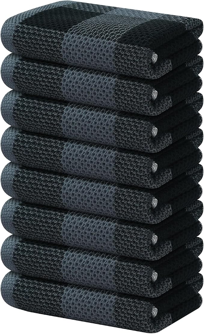 Homaxy 100% Cotton Waffle Weave Check Plaid Kitchen Towels, 13 x 28 Inches, Super Soft and Absorbent Dish Towels for Drying Dishes, 4-Pack, White & Black