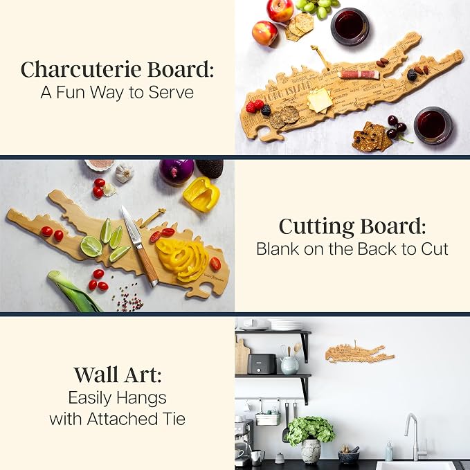 Totally Bamboo Destination Long Island Shaped Cutting Board – Bamboo Charcuterie and Serving Board with Hang Tie for Wall Display