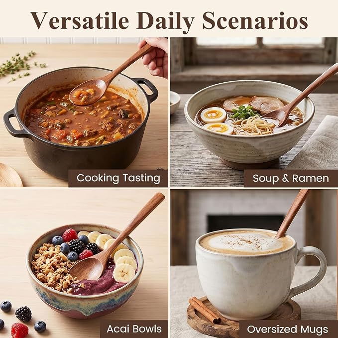 HAKSEN Wooden Spoons for Eating, 8.2 Inch Wood Mixing Soup Spoon with Long Handle for Korean Food Daily Meal Stirring Sauce Coffee, 6PCS