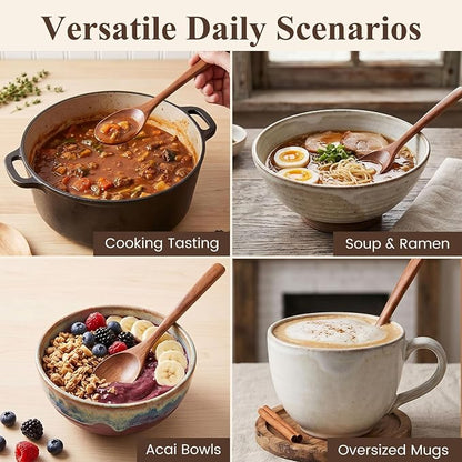HAKSEN Wooden Spoons for Eating, 8.2 Inch Wood Mixing Soup Spoon with Long Handle for Korean Food Daily Meal Stirring Sauce Coffee, 6PCS