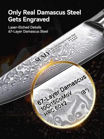 SUNLY Chef Knife, 8 Inch Damascus Kitchen Knife with Japanese VG10 Core, 67 Layer Steel, Sharp Chip Resistant Edge, Balanced Pakkawood Handle for Meat, Fruits, Vegetables, Gift for Father
