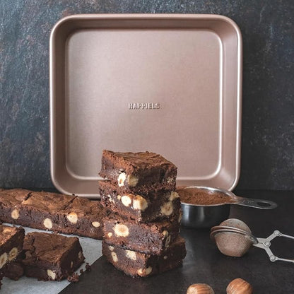 HAPPIELS 9x9in Square Baking Pan Nonstick for Oven Baking, PFOA & BPA Free | Non Toxic 9 x 9 Inch Cake & Brownie Pan | Best Nontoxic Square 9x9 inches Pans Non Stick| Carbon Steel Gold bakeware