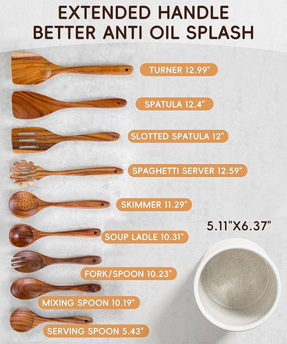 Nucookery Wooden Cooking Utensils Set with Holder, Teak Wood Utensils, Ceramic Holder for Countertop with Protection Cork Bottom, Nonstick Spoons, Cooking Spatula Set, 10 Pcs Kitchen Decor, (Sand)