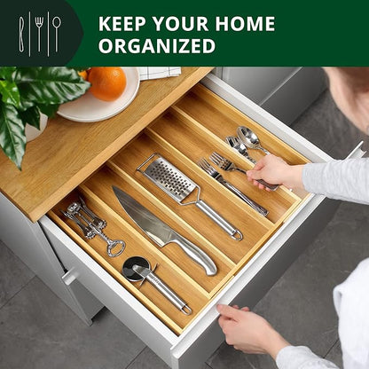Luxury Bamboo Kitchen Drawer Organizer - Silverware Organizer - Utensil Holder and Cutlery Tray with Grooved Drawer Dividers for Flatware and Kitchen Utensils (5 Slot, Natural)