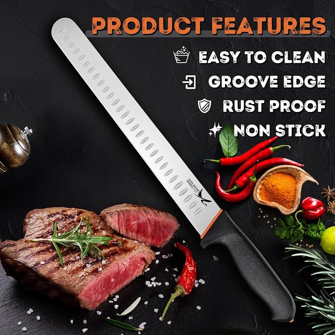 Golden Bird Professional Brisket Knife - 12 Inch Multifunction Carving Knife, Razor Sharp Stainless Steel Slicing Knives, Granton Edge Brisket Trimming Knives