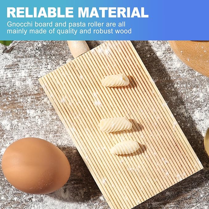 CoguZed Wooden Gnocchi Board Set with Rolling Pin, Professional Gnocchi Maker and Pasta Board for Homemade Garganelli, Natural Wood Paddle for Kitchen Cooking