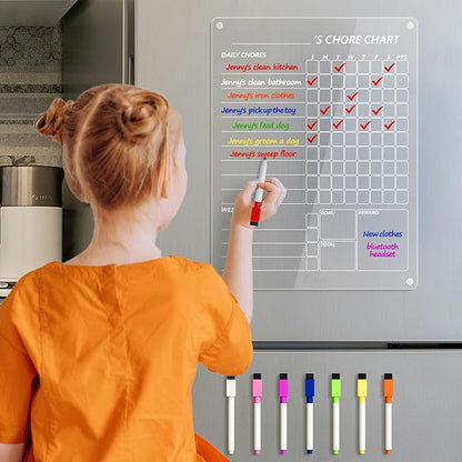 Neatsure Acrylic Magnetic Chore Chart for Fridge, Clear Dry Erase Chores Chart for Refrigerator, Responsibility Reward Planning Board for Teens Family, w/ 8 Colors Markers, 12"x9"