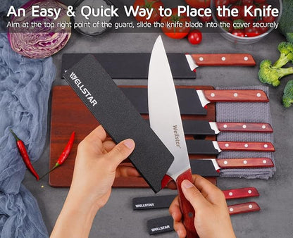 WELLSTAR Knife Edge Guards Set, 8 Piece Universal Blade Covers, BPA Free ABS Protective Blade Sheaths, Non-Scratch Felt Lining Kitchen Knives Covers (Knives not included)