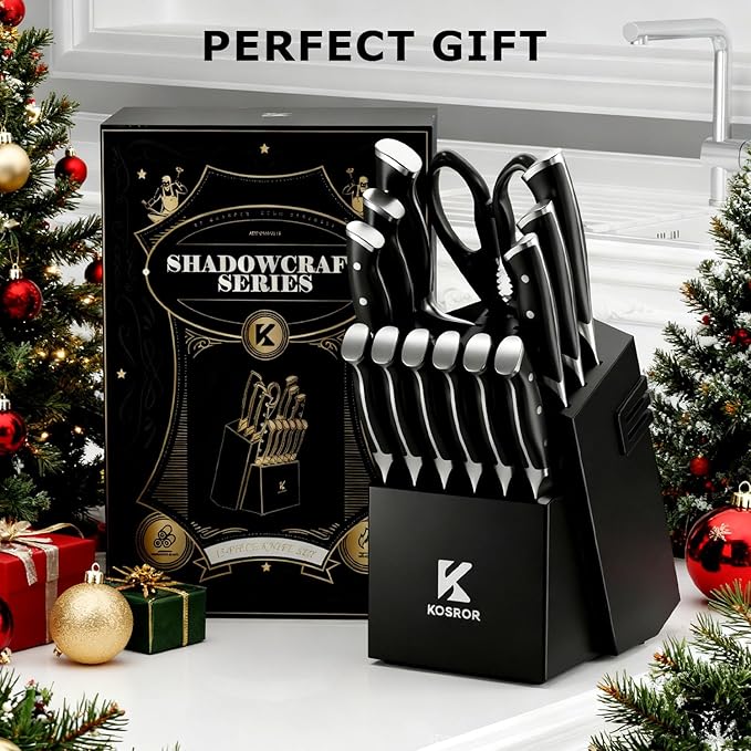 Kitchen Knife Set with Block: 15-Piece German Stainless Steel with Dual Sharpener for Beginners - Covers 95% Kitchen Tasks - Black Full-Tang Ergonomic Handle, Dishwasher Safe, Easy to Use