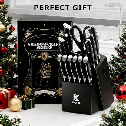Kitchen Knife Set with Block: 15-Piece German Stainless Steel with Dual Sharpener for Beginners - Covers 95% Kitchen Tasks - Black Full-Tang Ergonomic Handle, Dishwasher Safe, Easy to Use
