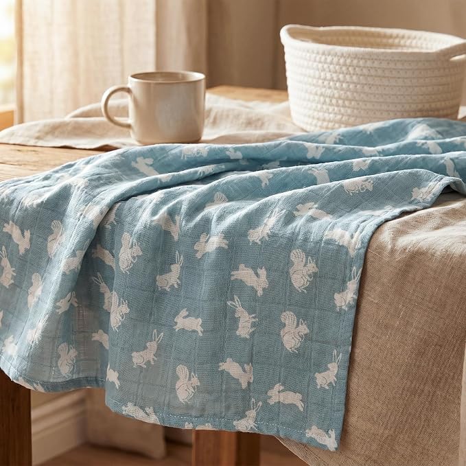 4-Pack Muslin Swaddle Blankets for Newborns | 100% Cotton Breathable Soft Muslin, Large 31.5"x43.3" | Multi-Use Stroller Sunshade Nursing Cover & Receiving Blanket, Neutral Rabbits