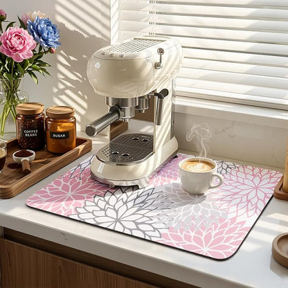 Findosom Dish Drying Mat, 12" x 20" Super Absorbent Dish Mat with Floral, Hide Stain Drying Mat for Kitchen Counter, Under Dish Rack, Coffee Maker, Espresso Machine, Pink