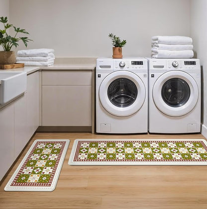 GENIMO Anti Fatigue Kitchen Mats for Floor, Cushioned Non Slip Kitchen Rug, Waterproof Kitchen Floor Mat Runner, Kitchen Mat for Laundry, Sink, Office, Entryway, 17.3"x59"+17.3"x30", Green