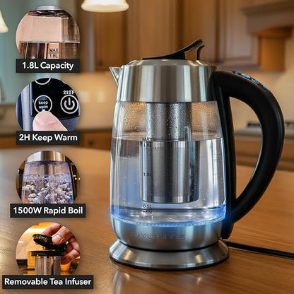 OVENTE Electric Tea Kettle with Temperature Control and Removable Tea Infuser, 1500W Water Boiler and Heater with 1.8L Borosilicate Glass, BPA Free, Auto Shut Off & Boil Dry Protection, Silver KG6610S