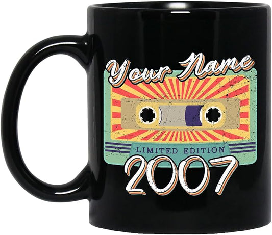 Personalized Vintage Cassette Tape Vintage 2007 Mug, Custom Your Name, 2007 Retro Coffee Mug, 15th Birthday Present Gifts, 2007 Birthday Gift For Friends Family, Customizable Black Tea Cups
