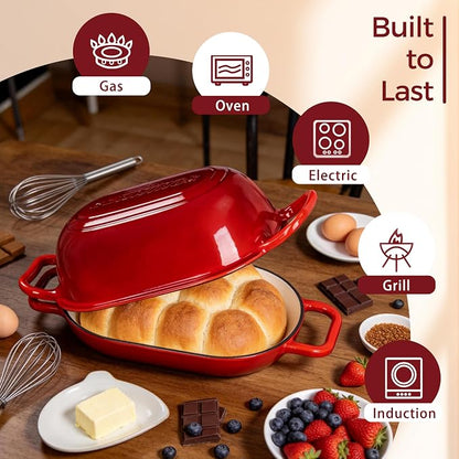 Oval Dutch Oven for Bread Baking, 12 x 8 Inch Cast Iron Bread Oven for homemade bread, Sourdough Dutch Oven Bread baking Pan for a Crispy Crust, 5QT, Cherry