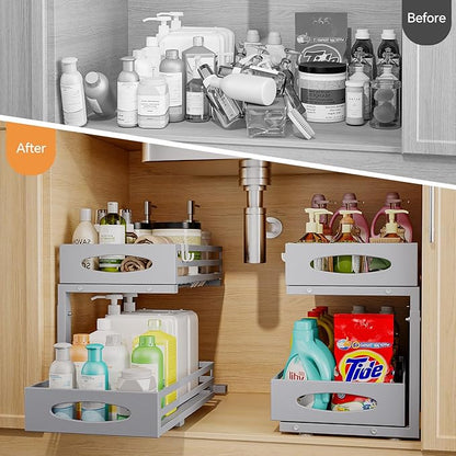 Under Sink Organizer, 2 Tier Under Sink Organizers and Storage, Adjustable Height, Slide out Metal Cabinet Organizers, Pull out Cabinet Storage Drawer Shelf for Kitchen Bathroom (Gray, 1 Pack)