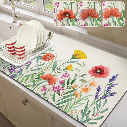 LOKHOM Dish Drying Mat for Kitchen Counter, 17"x32" Absorbent Coffee Bar Mat with Spring Floral, Dish Drainer Rack Mat for Kitchen Counter