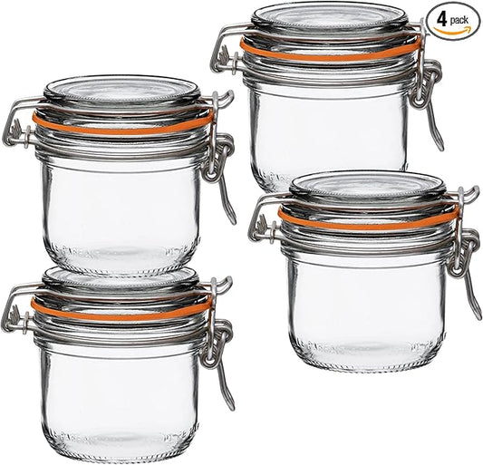 Le Parfait Super Terrine 200mL (7oz) Zero Waste Eco-Friendly Glass Canning Jars, Airtight Rubber Seal & Wire Bail Lid, BPA-Free, Water Bath Safe for Food Storage & Preserving, Made in France, 4PK