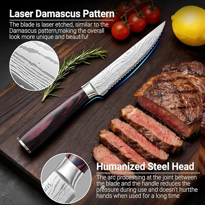 4.5 Inch Serrated Steak Knife - Ultra Sharp Serrated Knife Japanese High Carbon Steel Blade, Ergonomic Handle, Premium Kitchen Cutlery for Steak, BBQ & Outdoor Meals