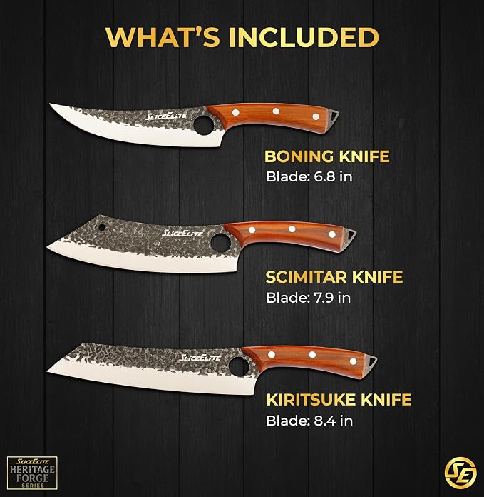 SliceElite Hand-Forged Professional Butcher Knife (3 PC PREP KNIFE SET W/SANDSLWOOD HANDLES)