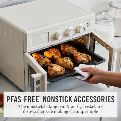 Martha Stewart French Door Air Fryer Toaster Oven Combo, 34QT Countertop Convection, 12-in-1, Bake, Broil, Roast, Fits 12” Pizza, Dehydrate, 5 Accessories, Air Fry Basket, Stainless Steel, Linen Cream