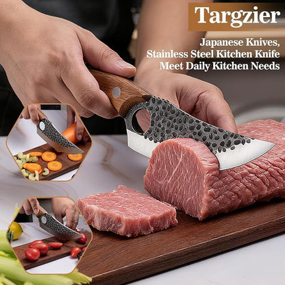 Chef Knife,Kitchen Knife for Boning,Cutting and Chopping,Hand Forged Butcher Knife,Stainless Steel Japanese Knife for Outdoor Cooking,Camping,BBQ,Ergonomic Handle,Brown
