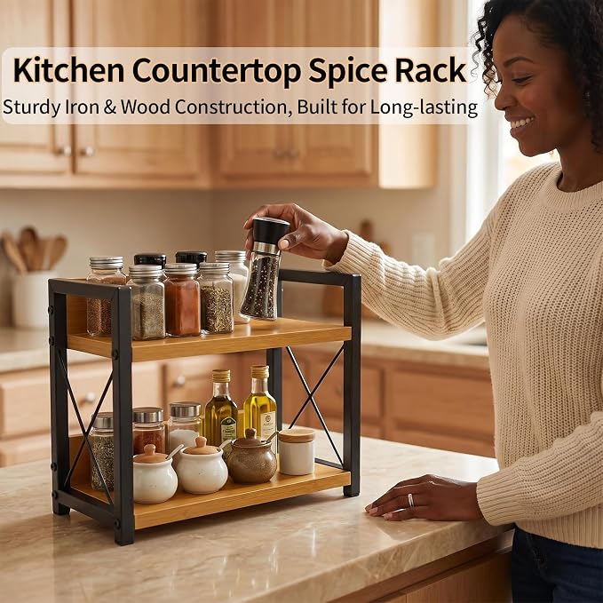 2-Tier Countertop Organizer, Iron-Wood Coffee Station Shelf, Heavy Duty Kitchen Counter Spice Rack for Coffee Bar, Pantry, Bathroom Storage (Bamboo)