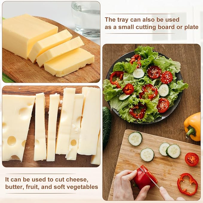 Collage of cheese slices on a wooden tray, salad on a plate, and cutting vegetables on a wooden board.