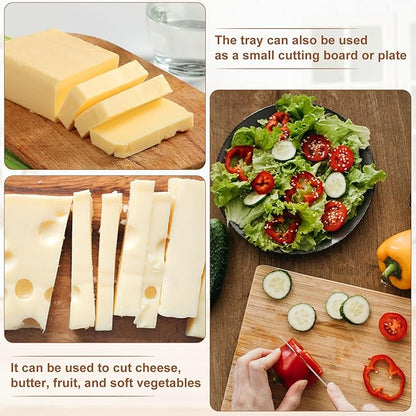 Collage of cheese slices on a wooden tray, salad on a plate, and cutting vegetables on a wooden board.