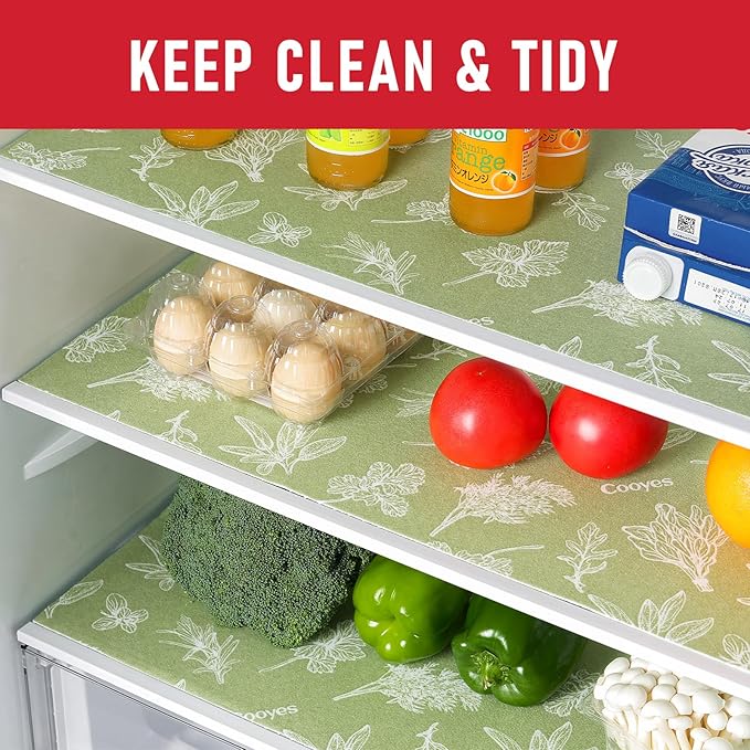Cooyes Shelf Liner for Refrigerator & Drawer, Non-Adhesive Cabinets Liner for Kitchen Cupboard & Fridge, Breathable Cloth Material, Vegetable-Patterned, 12" x 360", Sage Green