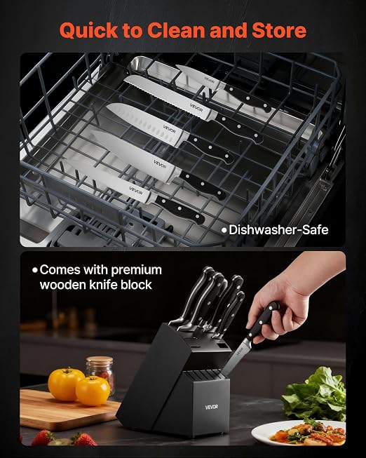 VEVOR Kitchen Knife Set with Block and Sharpener, 15 Piece High Carbon Stainless Steel Sharp Knife Set, Kitchen Cutlery with Crack-Resistant Handle, Sharpening Rod and Wooden Block, for Home Cooks