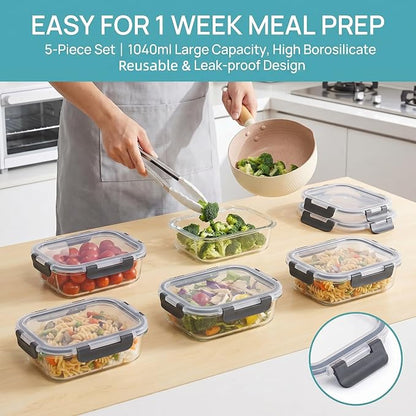 5 Pack Glass Meal Prep Containers 35oz, High Borosilicate Glass Food Storage Containers with Black PP Lids, Airtight Leakproof Lunch Boxes, Microwave, Oven, Dishwasher, Freezer Safe