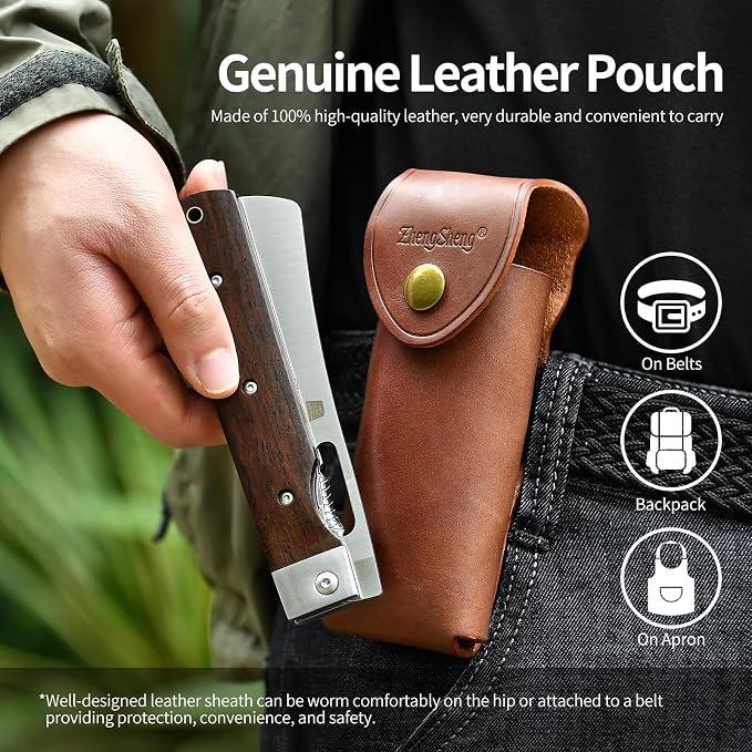 ZhengSheng Folding Chef Knife with Leather Pouch 4.8" Sharp 440A Stainless Steel Blade Wooden Handle Pocket Foldable Japanese Style Kitchen Knife for Outdoor Camping Cooking.