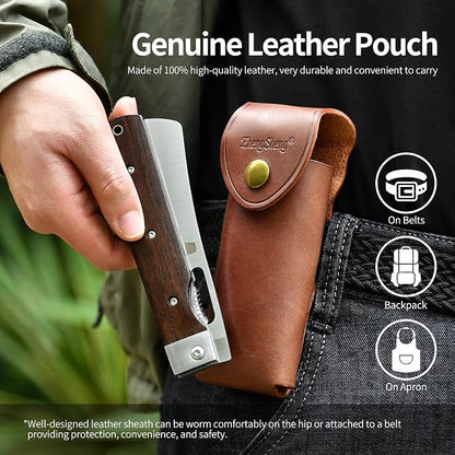 ZhengSheng Folding Chef Knife with Leather Pouch 4.8" Sharp 440A Stainless Steel Blade Wooden Handle Pocket Foldable Japanese Style Kitchen Knife for Outdoor Camping Cooking.