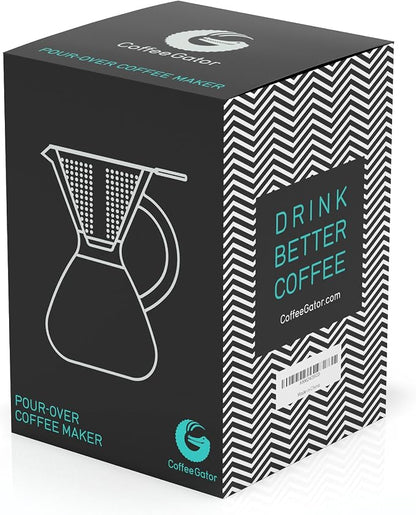 Coffee Gator Pour Over Coffee Maker - 27oz High Heat Borosilicate Glass with Reusable Stainless Steel Filter, Drip Coffee Brewer Dripper Set Carafe, 800ml Clear