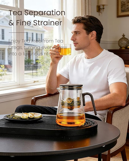 ZENS Magnetic Tea Pot, Large Enchanted Glass Teapot with Infuser and Magnetic Suction Lid for Mess-Free Loose Tea Diffusers, Black Walnut Pattern Handle, Tea Lovers Gifts