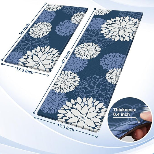 Kitchen Mats, 2PCS Non-Slip Cushioned Rugs, Anti-Fatigue Waterproof Floor Rug, Washable Standing Desk Mat, Home Laundry Office Apartment Decor and Accessories (17.3" ×47" +17.3" ×30"-Blue)