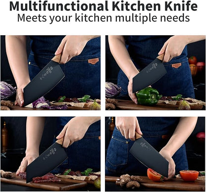 SHI BA ZI ZUO Meat Cleaver, Vegetable Cleaver, Utility Knife Chinese Chef Knife for Kitchen Stainless Steel Ergonomic Design Wooden Handle