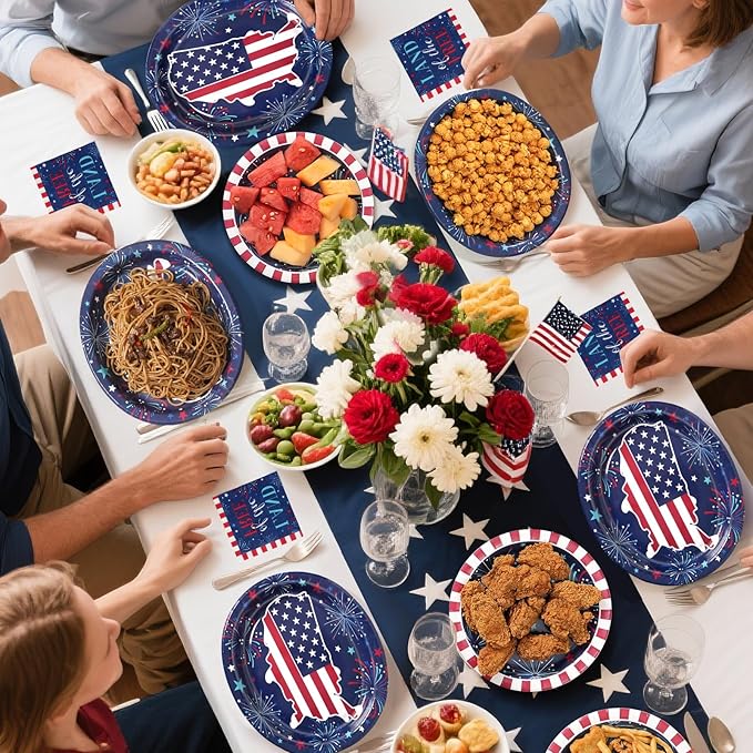 Dereinwo 100 PCS Patriotic Paper Plates and Napkins | Bundle Includes Paper Oval Dinner Plates Dessert Plate and Napkins for 4th of July Independence Day Party Supplies