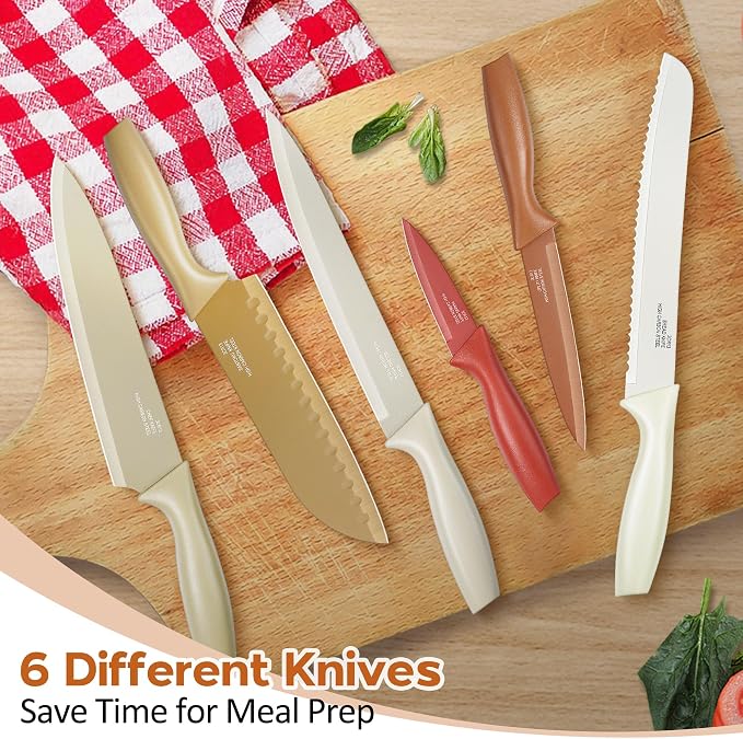 E-far 12-Piece Kitchen Knife Set, Stainless Steel Chef Knives Set with 6 Blade Guards, Sharp Kitchen Cooking Knife with Ergonomic Handle, Anti-Rust & Easy to Clean (Multicolor)