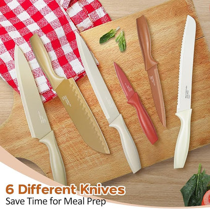 E-far 12-Piece Kitchen Knife Set, Stainless Steel Chef Knives Set with 6 Blade Guards, Sharp Kitchen Cooking Knife with Ergonomic Handle, Anti-Rust & Easy to Clean (Multicolor)